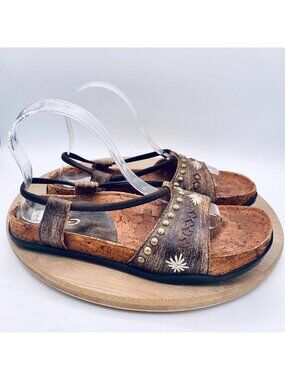 Earth Sandals Womens 8 Brown Leather Comfort Slingback Studded Flats Boho